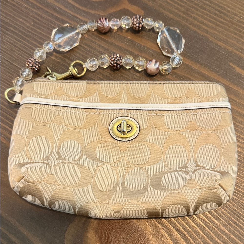 Coach Beige Signature Canvas Wristlet with Beaded Strap